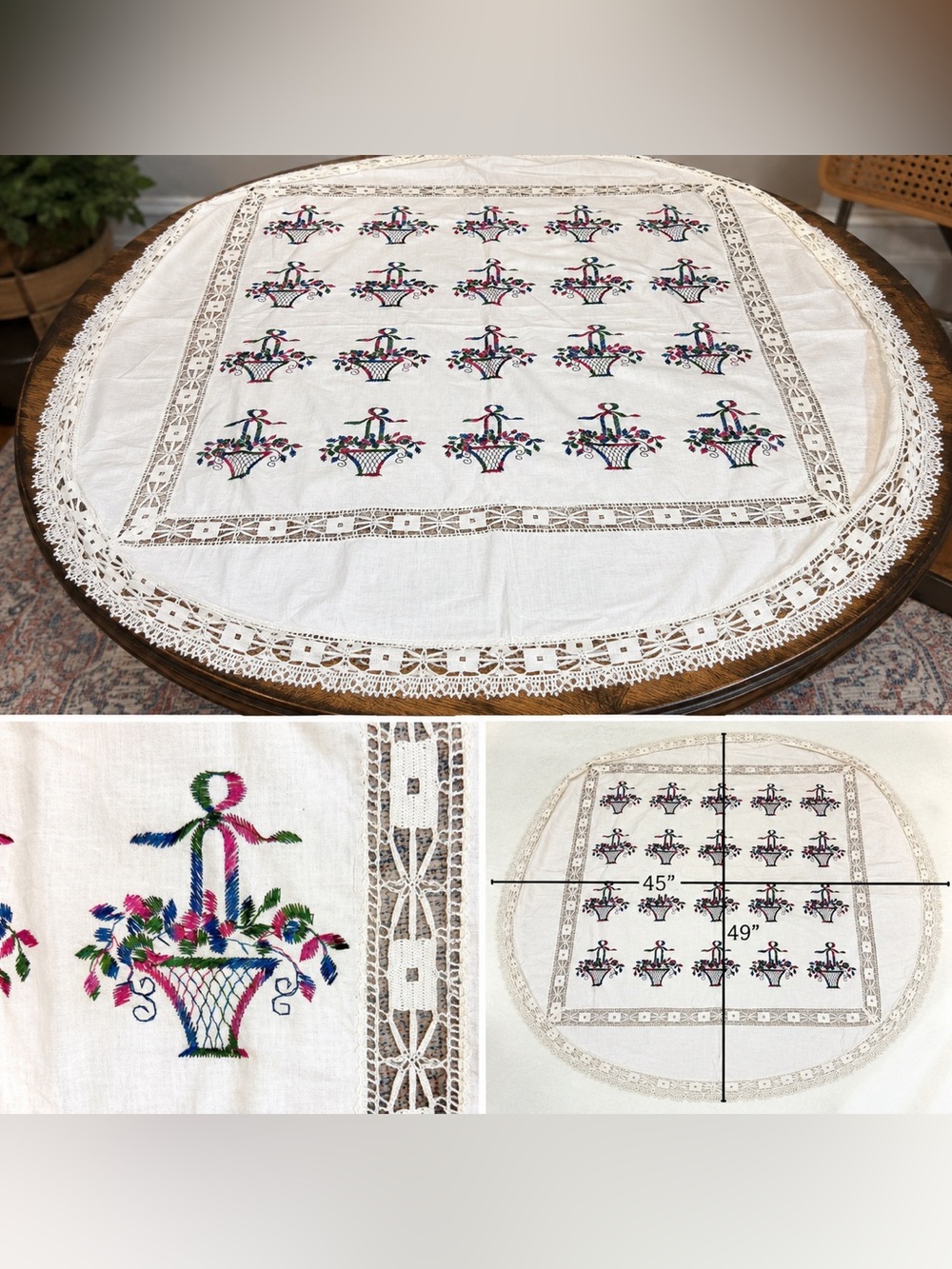Vintage Handmade Wedding Basket Embroidered Linen Lace Tablecloth 45x49 Oval